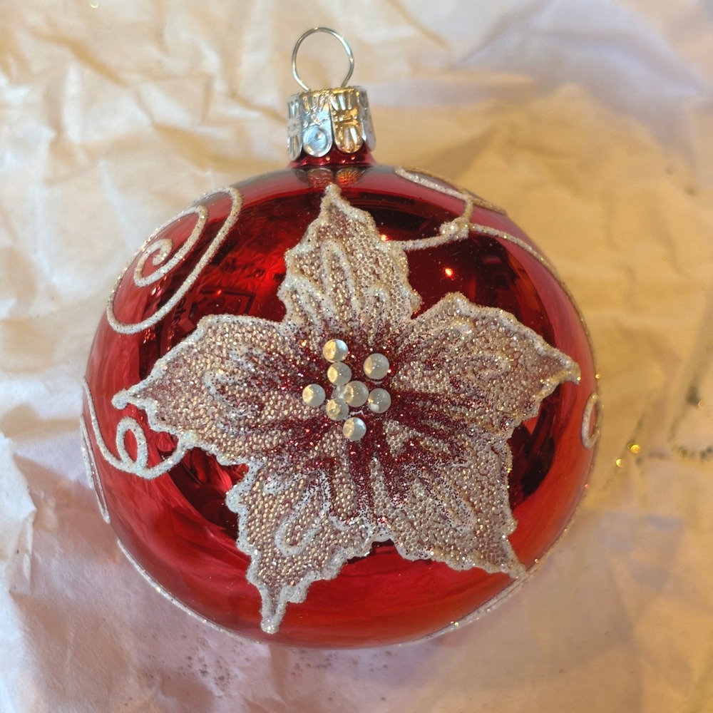 The Golden Bell Collection Glass Red White Poinsettia Ornament Hand Painted